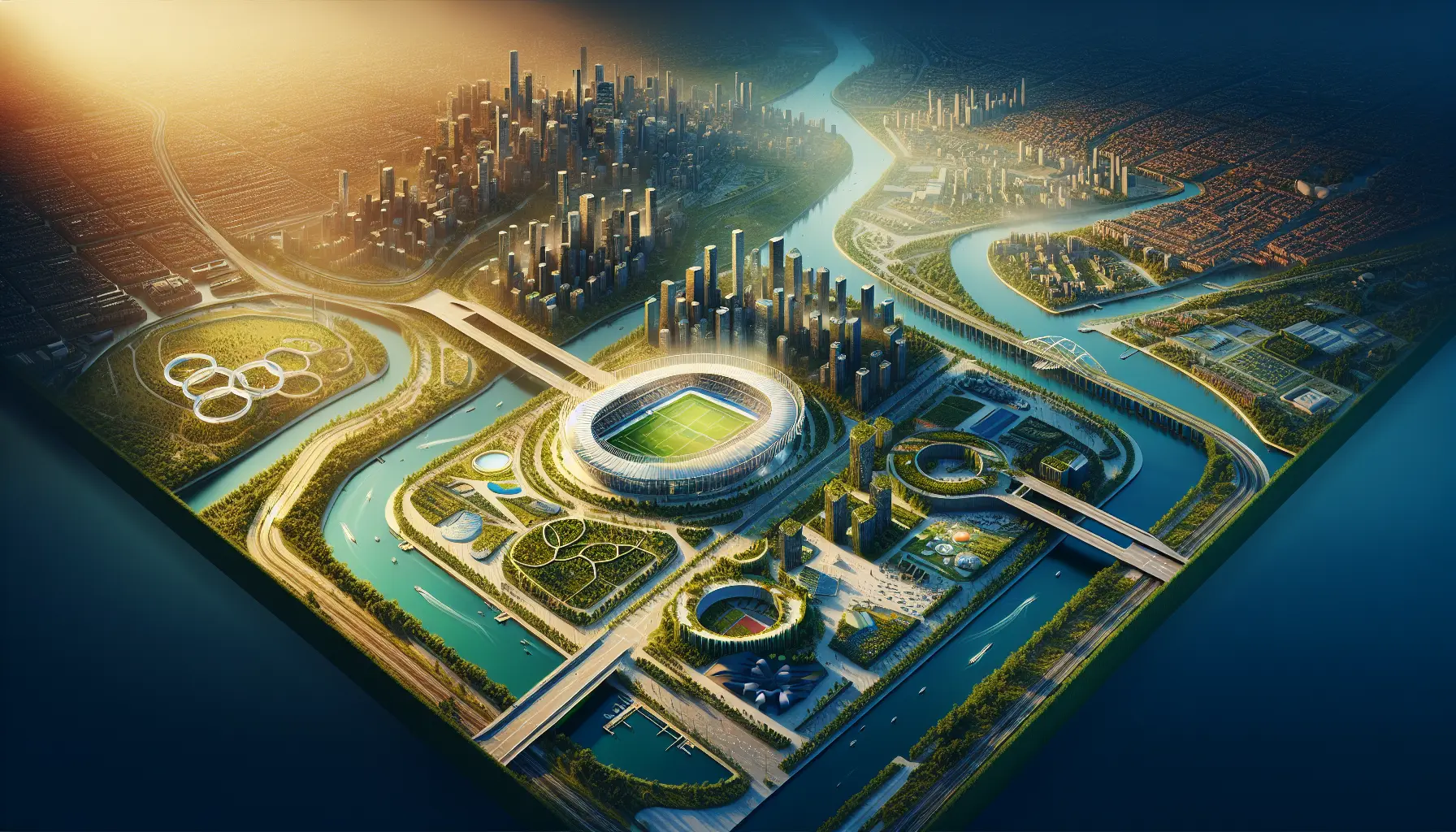 Progetto del Villaggio Olimpico di Milano, con edifici moderni immersi nel verde e strutture innovative.