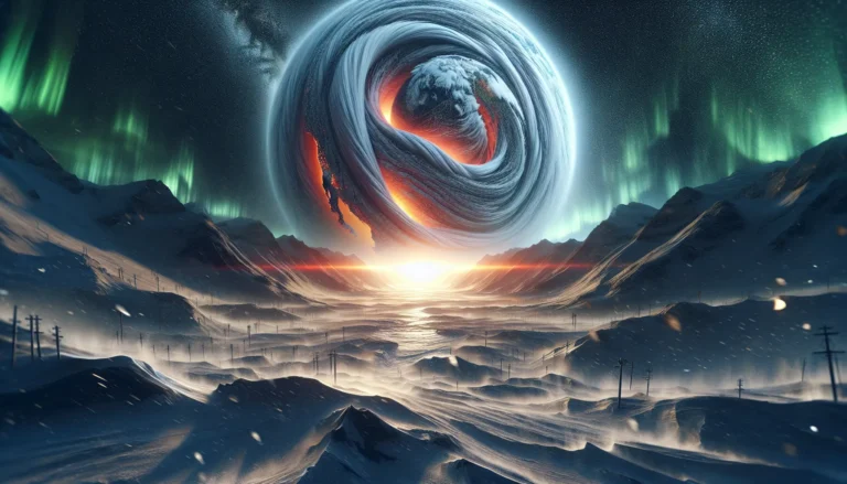 Un paesaggio invernale con alberi coperti di neve e un cielo blu, rappresentante il freddo estremo portato dal vortice polare.