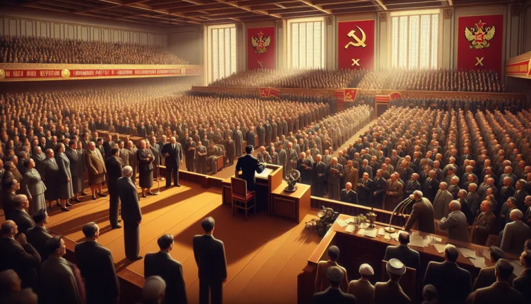 Rappresentazione del XX Congresso del Partito Comunista dell'Unione Sovietica, con Chruščëv che tiene il suo famoso discorso.