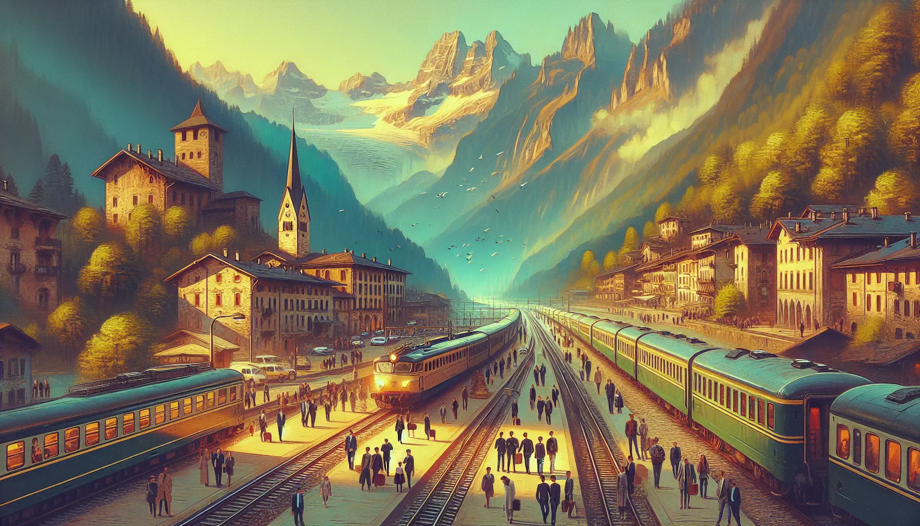 Un treno che attraversa un paesaggio montano, circondato da alberi e montagne, simbolo del turismo ferroviario.