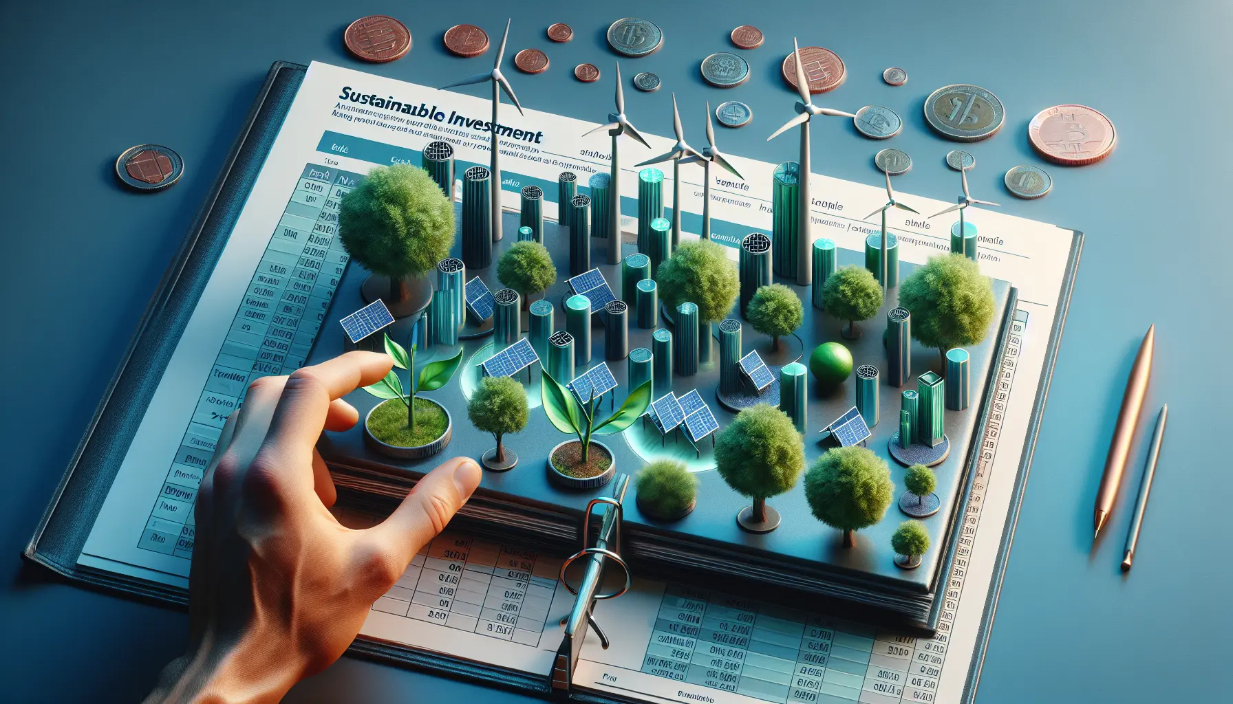 Un'immagine rappresentativa di investimenti sostenibili, mostrando grafici e piante verdi in un contesto finanziario.