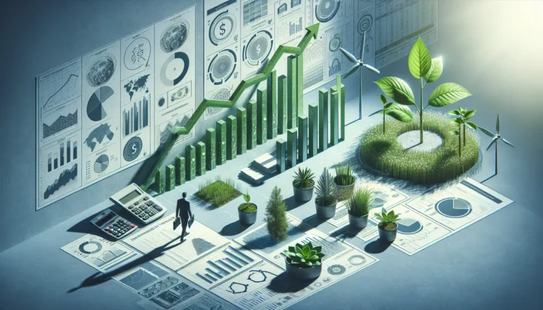 Un'immagine che rappresenta investimenti sostenibili, con elementi naturali e finanziari che si intrecciano.