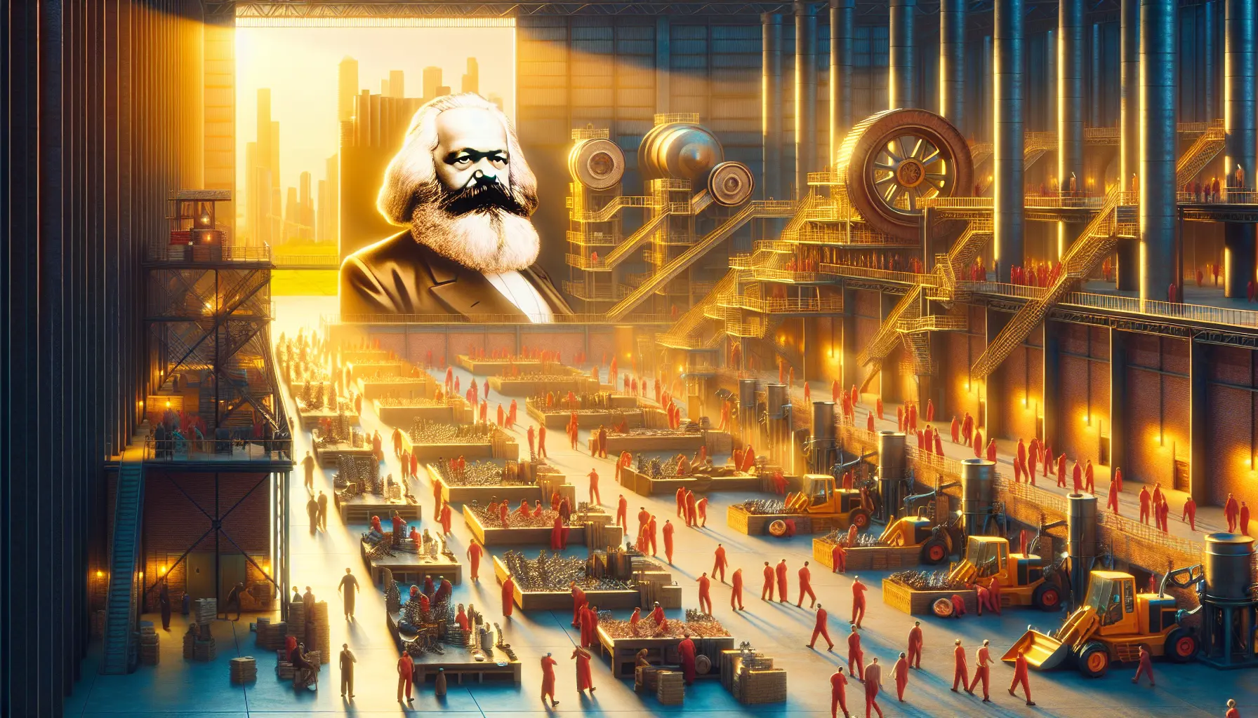 Ritratto di Karl Marx con libri e appunti, simbolo del suo pensiero filosofico ed economico.