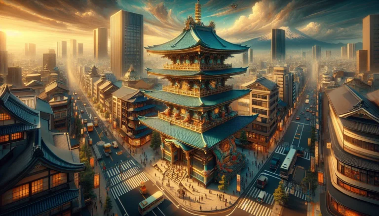 Un giardino giapponese tradizionale con fiori di ciliegio e un padiglione di legno.