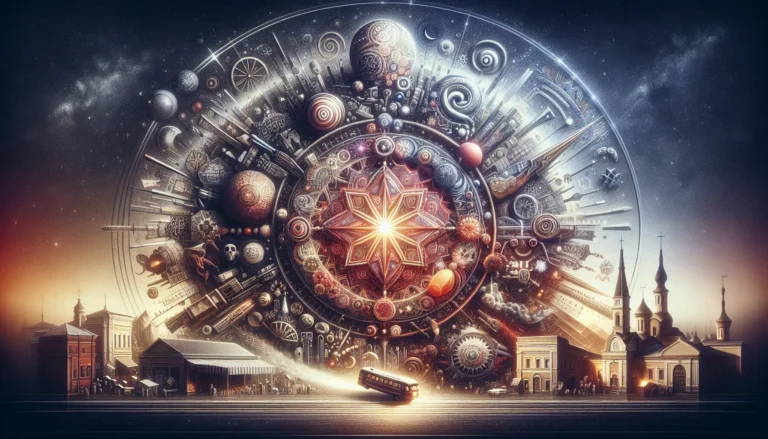 Un collage di immagini rappresentative della cultura e delle tradizioni sovietiche, inclusi arte, letteratura e simboli storici.