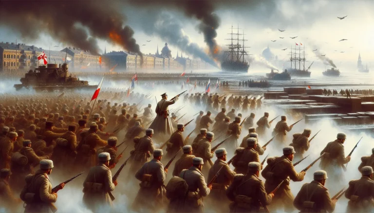 Un'immagine storica della battaglia di Port Arthur, con navi da guerra e fumi di esplosione sul mare.