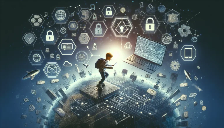 Un'immagine che rappresenta la sicurezza online e la tecnologia blockchain, con un focus su come proteggere i dati dei bambini.
