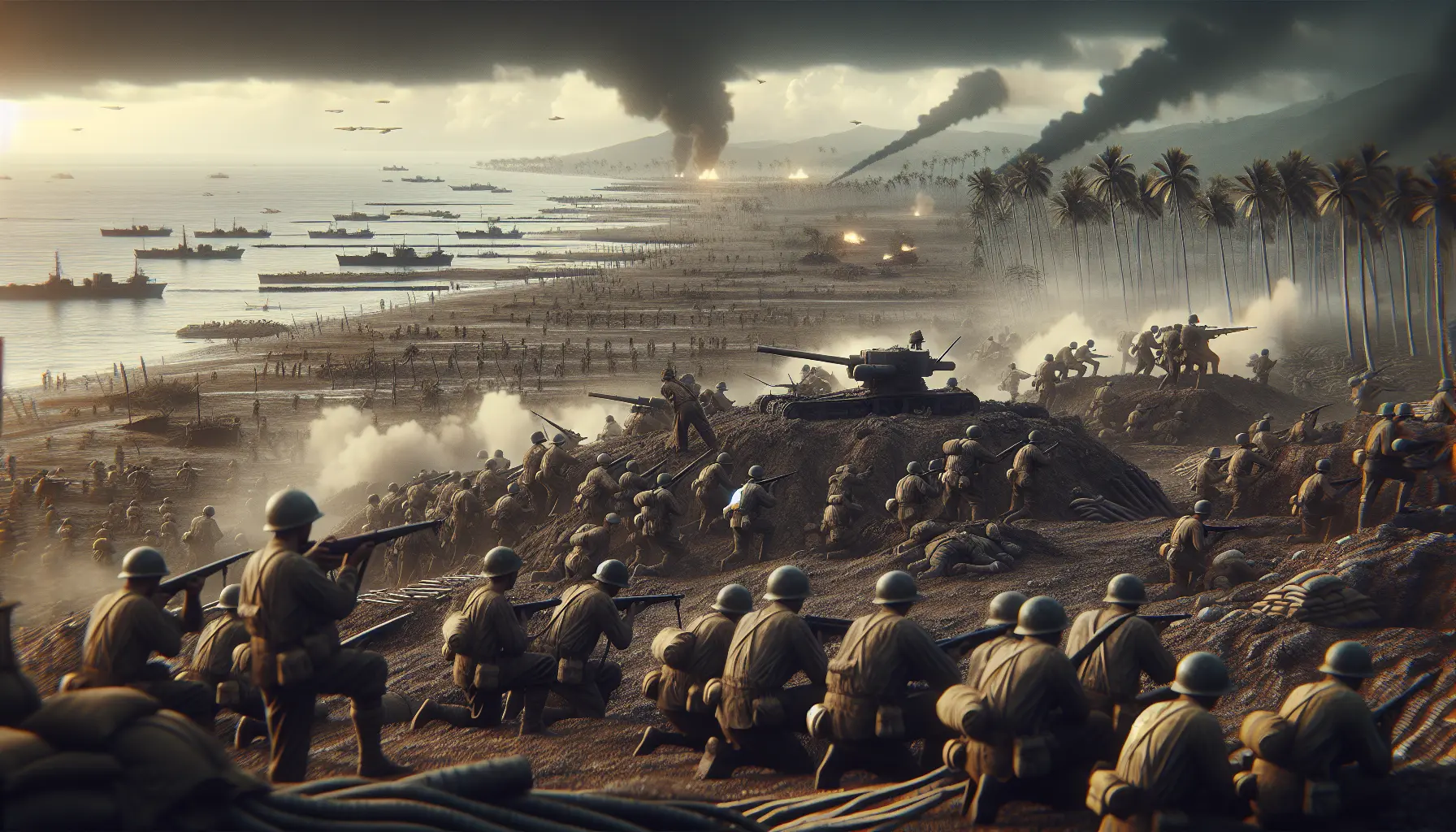 Soldati americani in azione durante la Campagna di Guadalcanal, con vegetazione tropicale sullo sfondo e attrezzature militari.