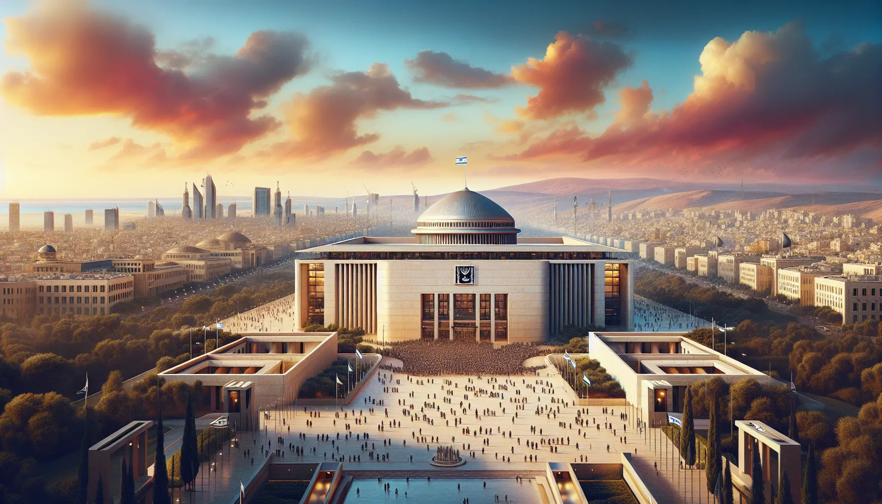 Vista esterna della Knesset, il parlamento di Israele, con il suo caratteristico design architettonico e il giardino circostante.