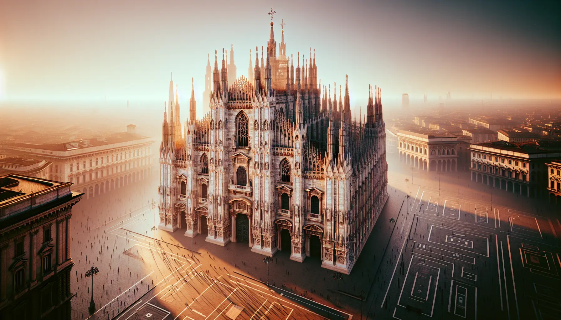 Vista panoramica del Duomo di Milano con le sue guglie e la Madonnina che svetta sul tetto.