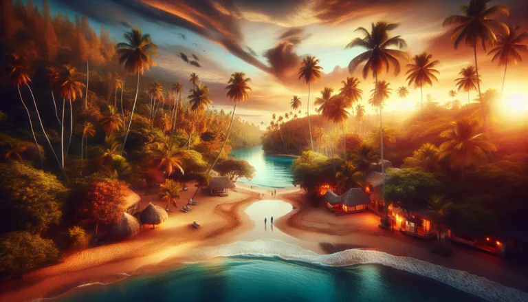 Una spiaggia paradisiaca della Repubblica Dominicana con sabbia bianca e acque turchesi, circondata da palme e un cielo blu.