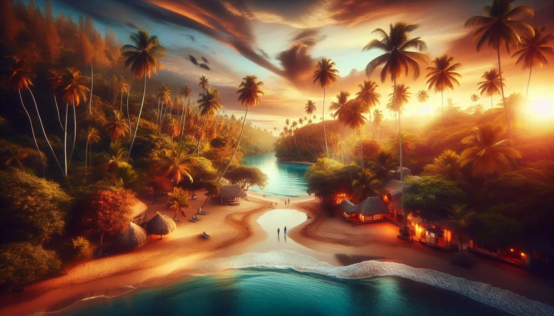 Una spiaggia paradisiaca della Repubblica Dominicana con sabbia bianca e acque turchesi, circondata da palme e un cielo blu.