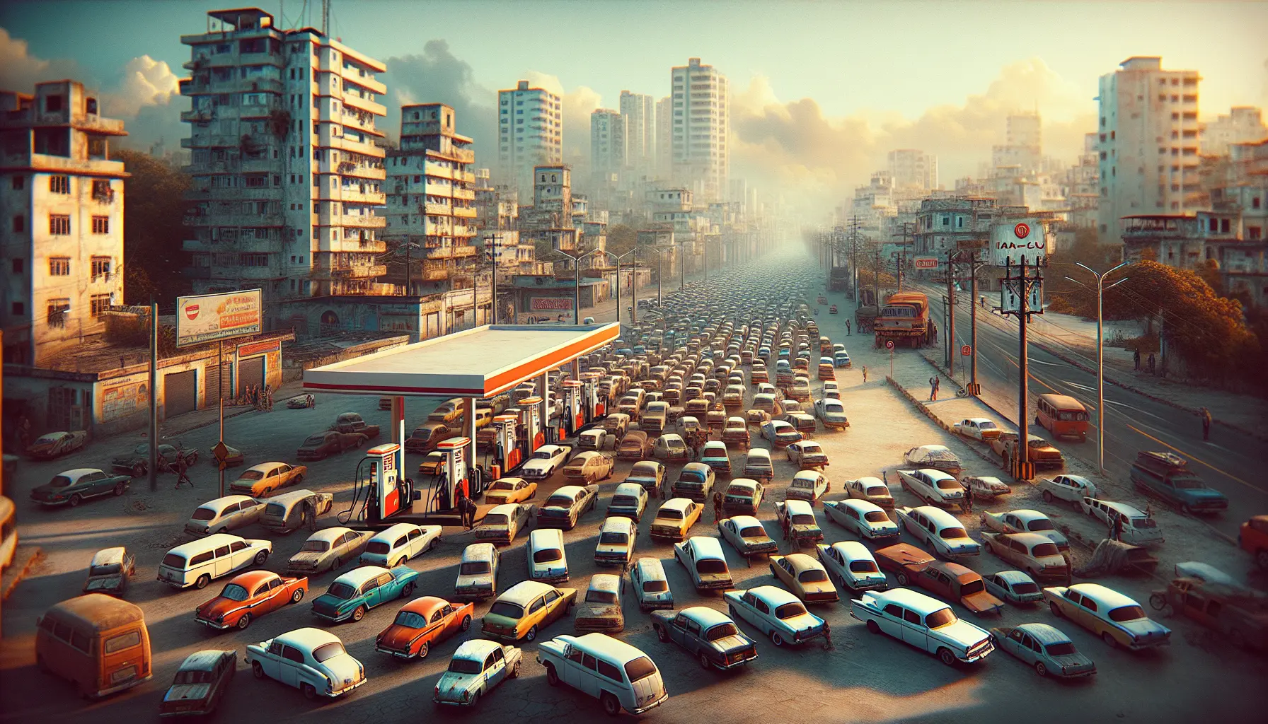 Un distributore di carburante a Cuba con auto in attesa e persone in fila