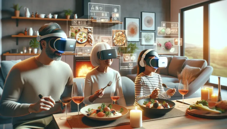 Un avatar che partecipa a un evento culinario virtuale nel metaverso, circondato da piatti e ingredienti digitali.