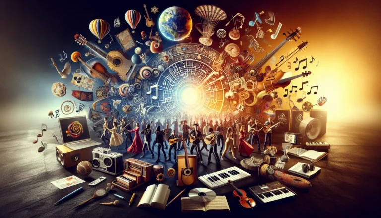 Un gruppo di musicisti di diverse culture che suonano insieme, rappresentando l'unità attraverso la musica.