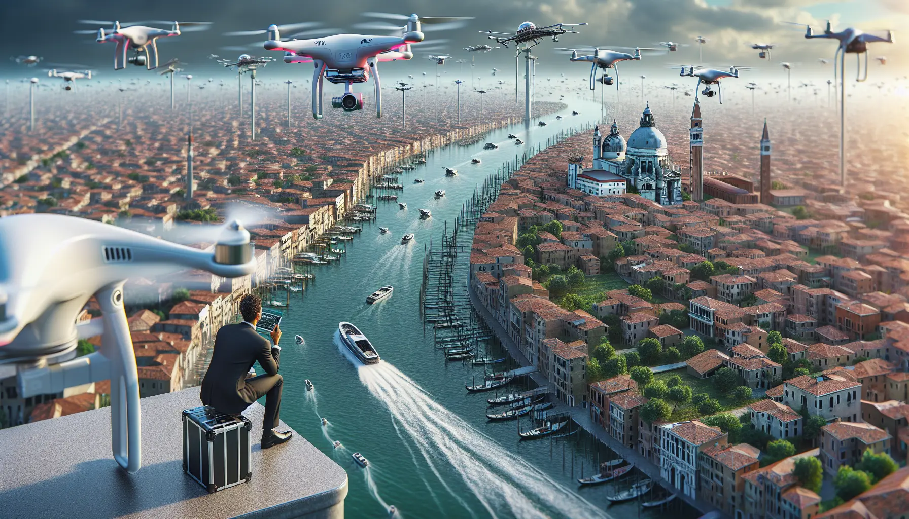 Droni in volo sopra un paesaggio urbano, simbolo di innovazione tecnologica e applicazioni moderne.