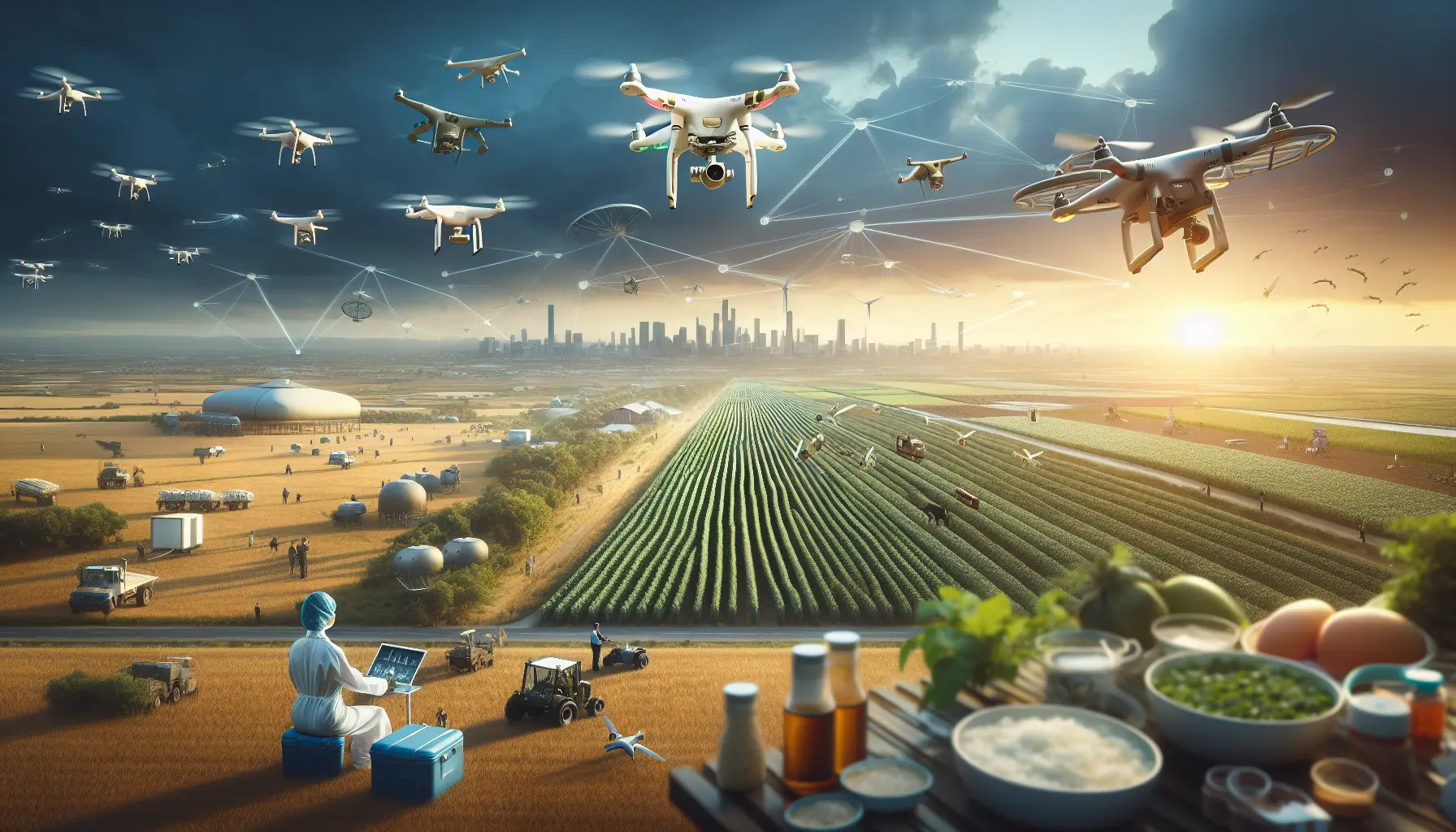 Droni in volo sopra un campo agricolo, utilizzati per monitorare le coltivazioni e raccogliere dati.