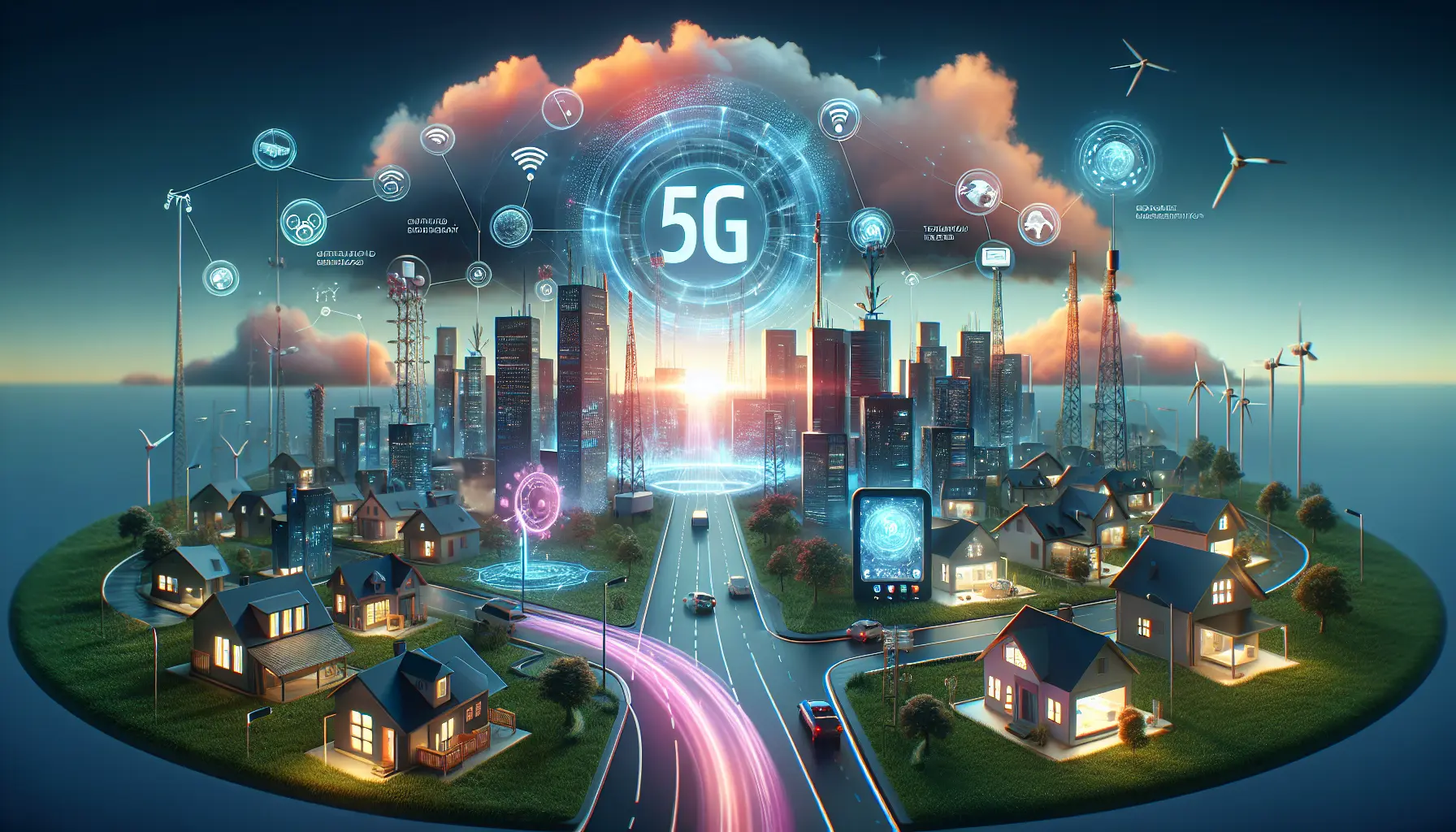 Illustrazione che rappresenta la connettività 5G e le sue applicazioni nella vita quotidiana.