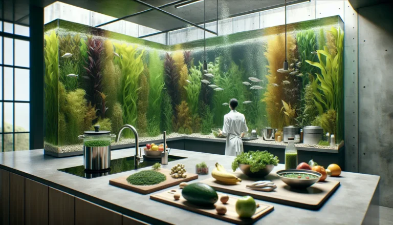 Un piatto colorato con alghe, avocado e verdure fresche, rappresentando l'innovazione culinaria