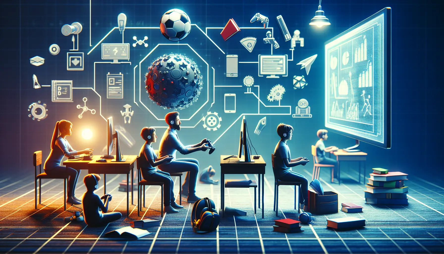 Un bambino che gioca a un videogioco educativo, sorridendo mentre impara.