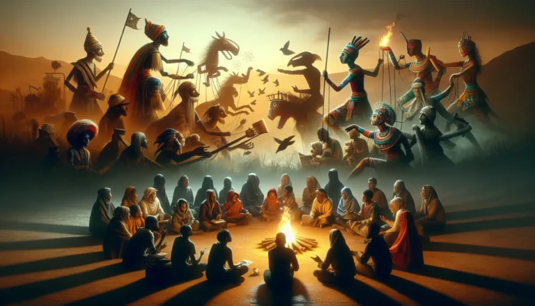 Un gruppo di persone sedute attorno a un falò, raccontando storie e condividendo esperienze, simbolo della tradizione della narrazione.