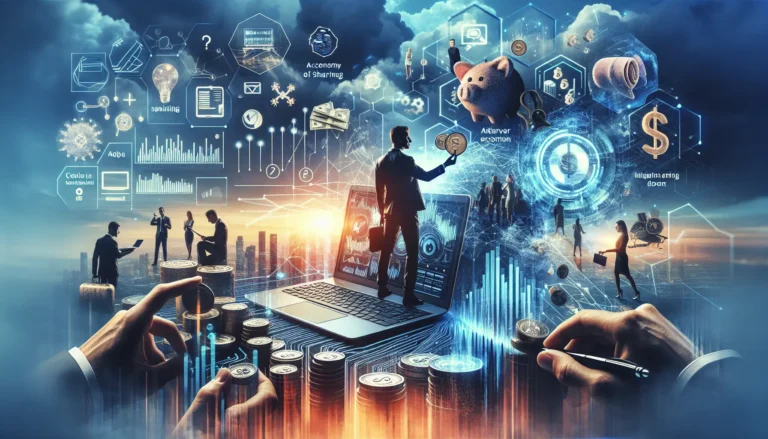 Persone che condividono risorse in un contesto urbano, illustrando l'economia della condivisione e il peer-to-peer.