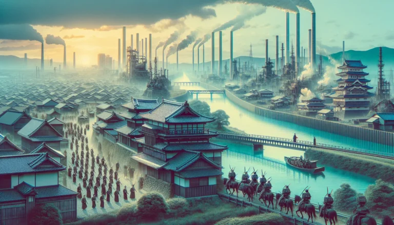 Rappresentazione della trasformazione del Giappone durante l'era Meiji, con elementi di modernizzazione e tradizione.