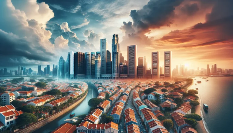 Ritratto di Thomas Stamford Raffles, fondatore di Singapore, circondato da simboli culturali e commerciali della città-stato moderna.