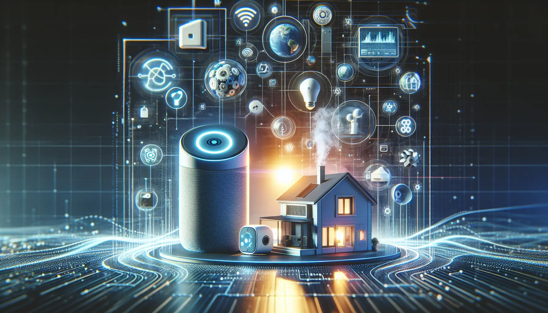 Casa moderna con dispositivi intelligenti interconnessi che illustrano l'innovazione della smart home.
