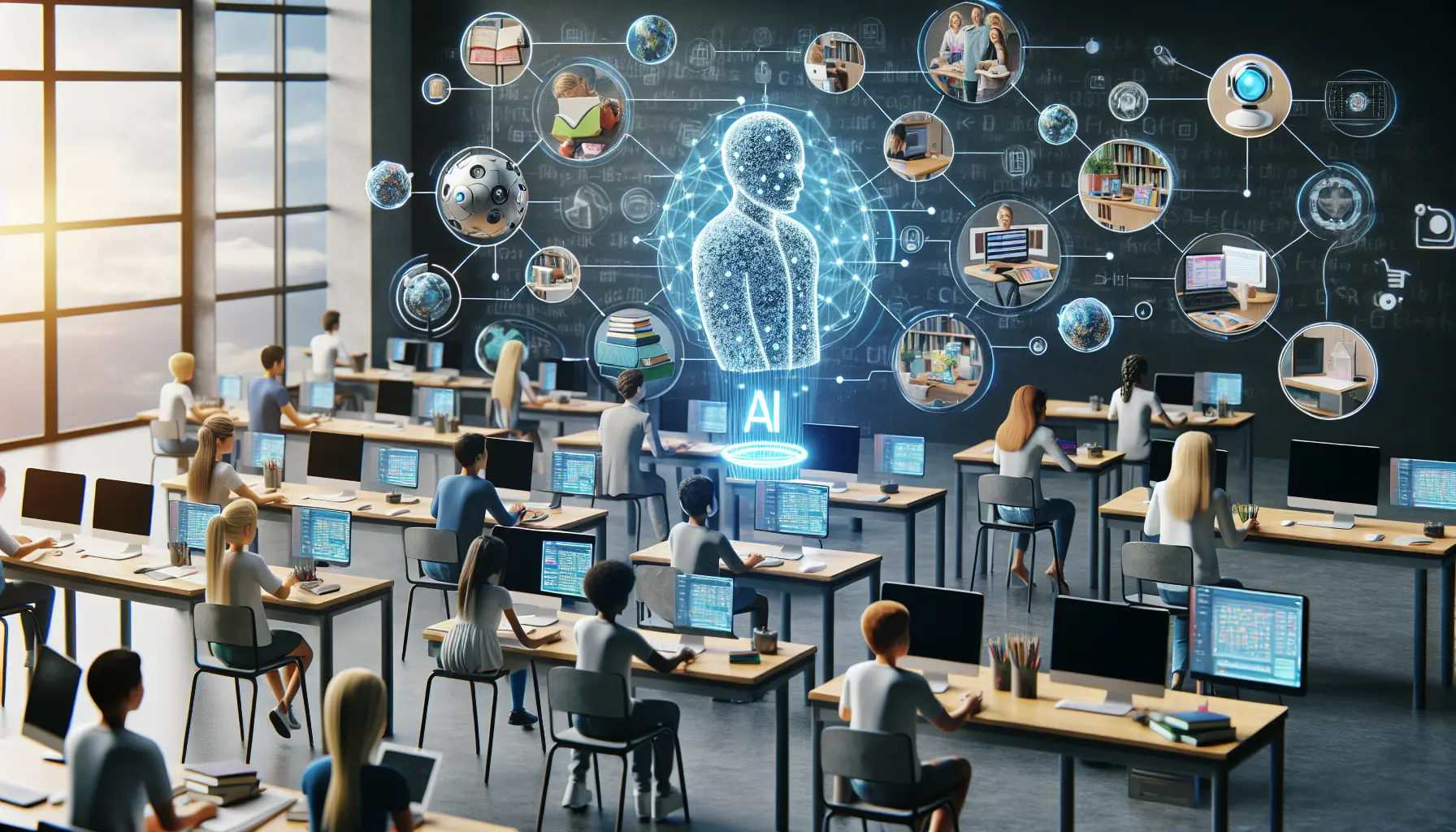 Un insegnante utilizza un tablet per personalizzare l'apprendimento di uno studente in un'aula moderna.