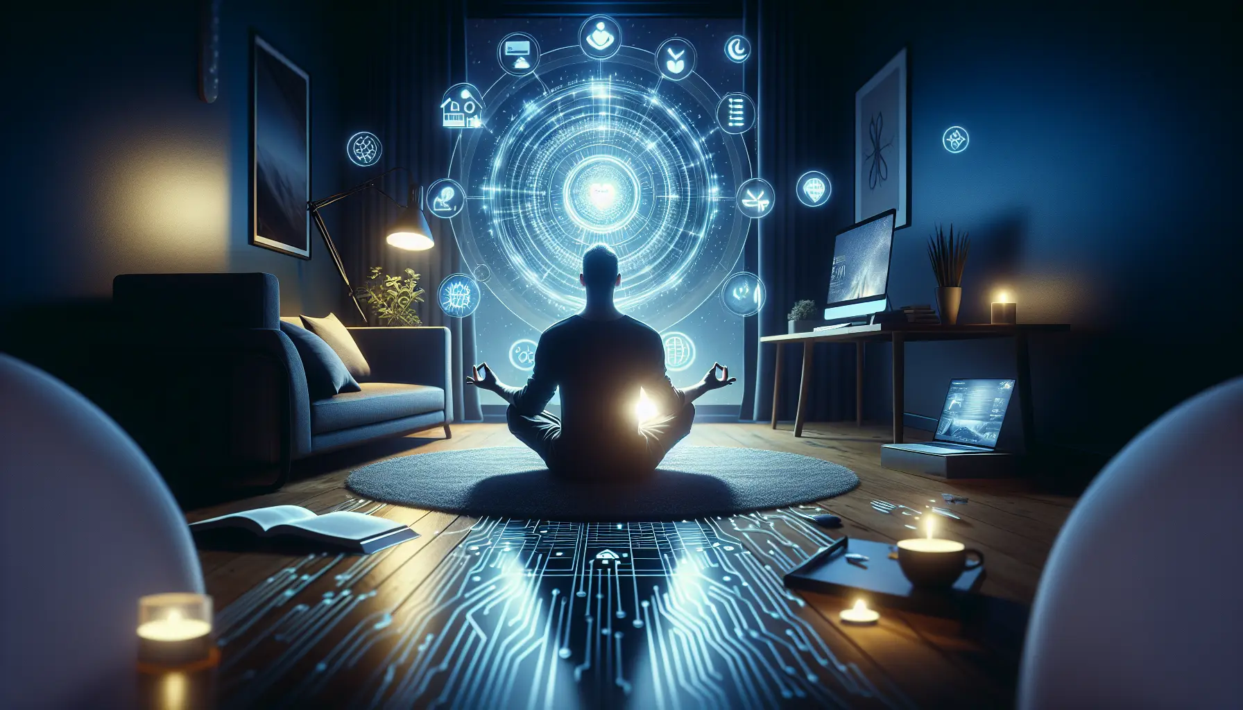 Una persona che medita con un dispositivo tecnologico in lontananza, simboleggiando l'equilibrio tra tecnologia e mindfulness.