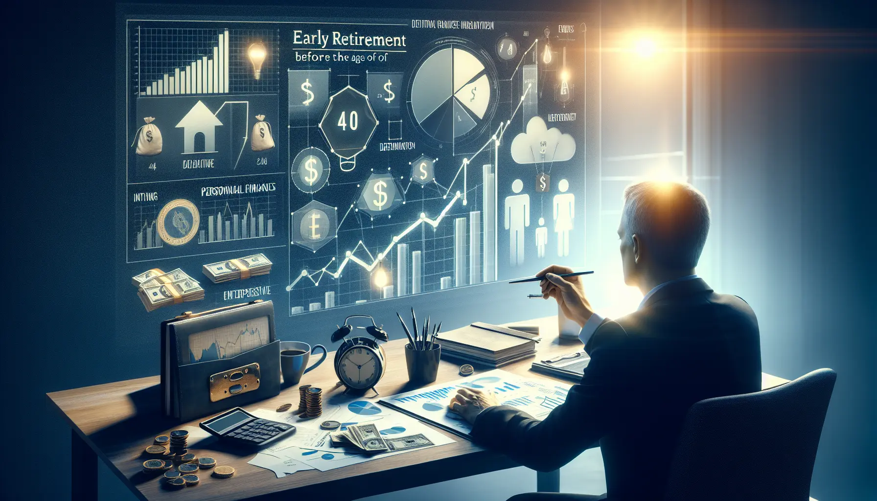 Un professionista felice che guarda verso un orizzonte sereno, simboleggiando il raggiungimento del pensionamento anticipato.