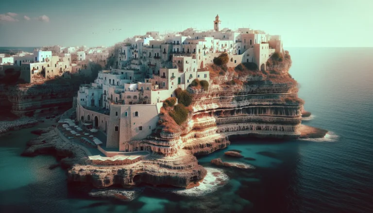 Vista panoramica di Polignano a Mare con scogliere e mare cristallino