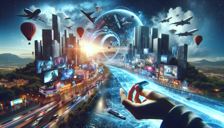 Un visore VR e smartphone che mostrano un'esperienza di realtà aumentata e virtuale immersiva