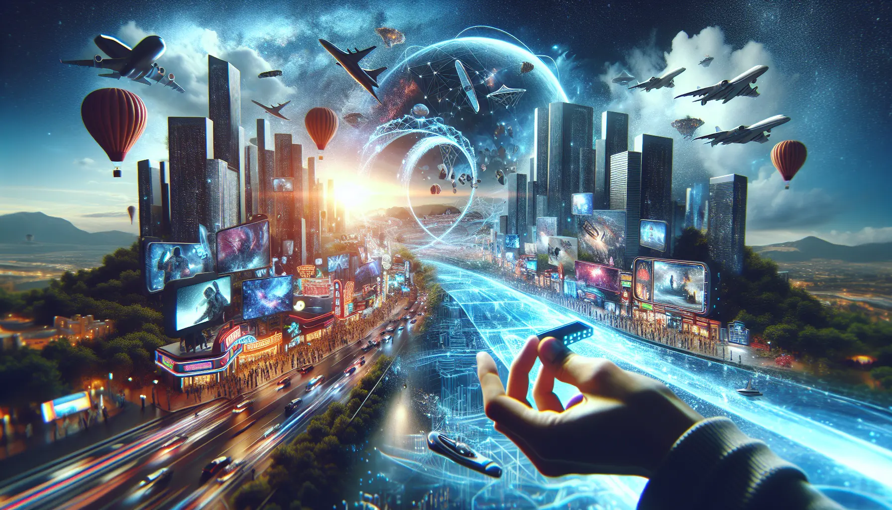 Un visore VR e smartphone che mostrano un'esperienza di realtà aumentata e virtuale immersiva