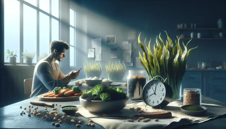 Un piatto colorato con insalata di alghe, cetrioli e carote, decorato con semi di sesamo.