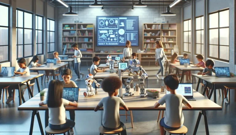 Un gruppo di bambini che interagisce con robot educativi in un'aula moderna.