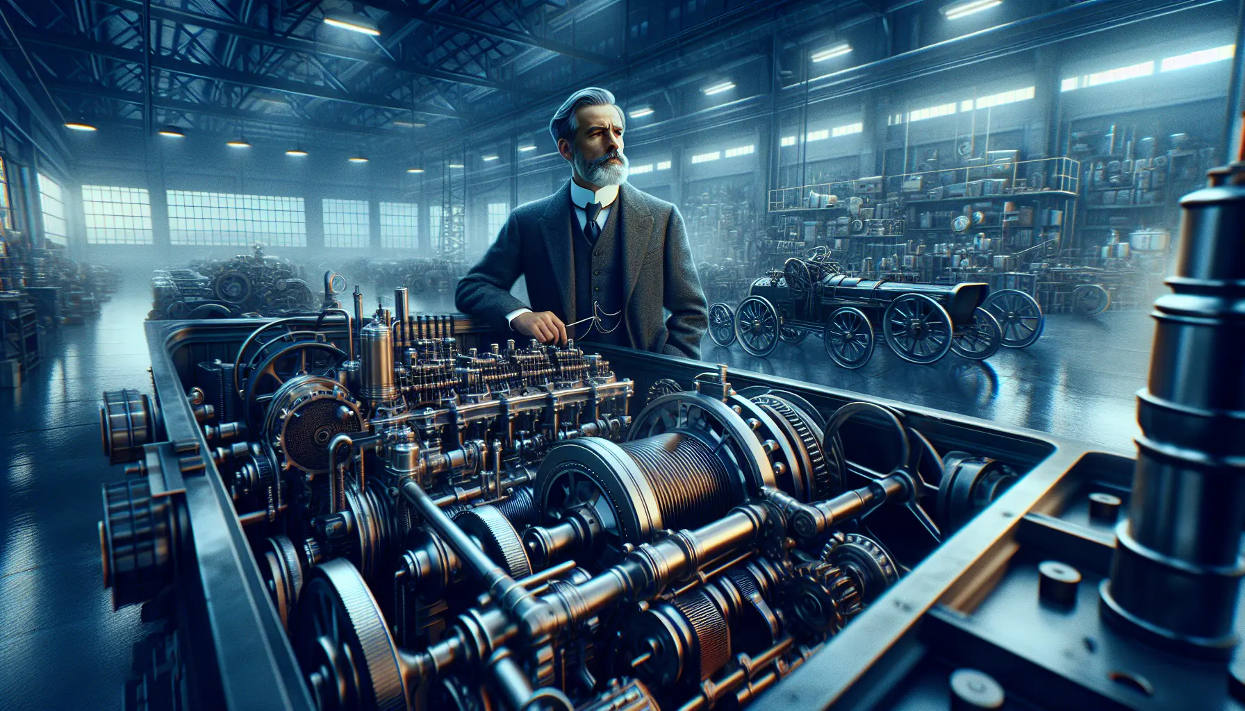 Rudolf Diesel al lavoro su un motore innovativo, simbolo di ingegno e creatività nel campo dell'ingegneria.