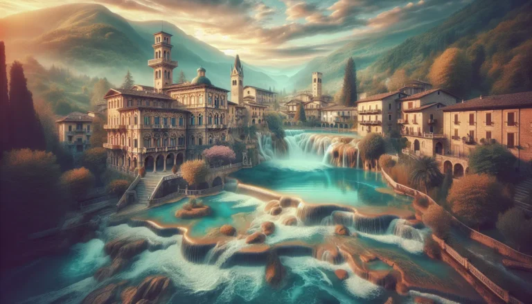 Vista panoramica di Salsomaggiore Terme con i suoi storici edifici termali e colline verdi sullo sfondo.