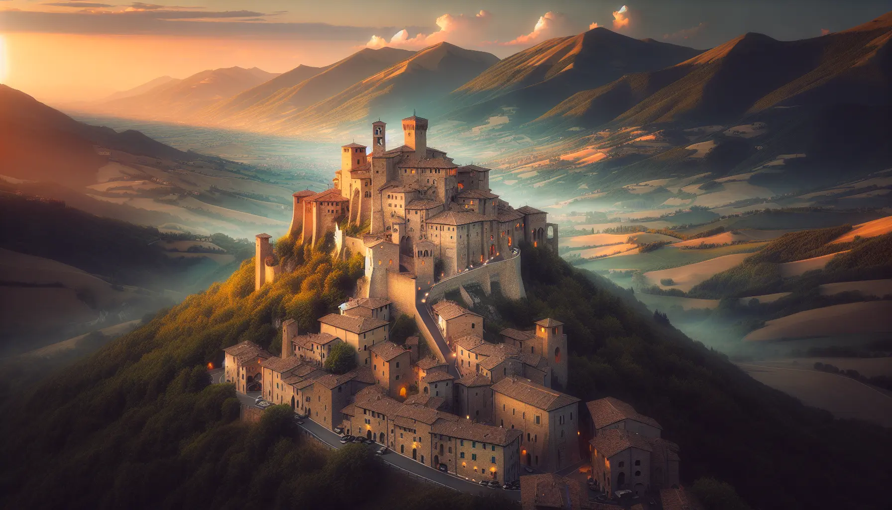 Vista panoramica del Forte di San Leo, un'imponente struttura medievale che domina il paesaggio collinare dell'Emilia-Romagna.