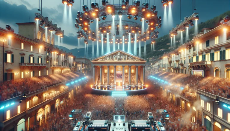 Un'immagine del palco del Festival di Sanremo con artisti in esibizione e un pubblico entusiasta.