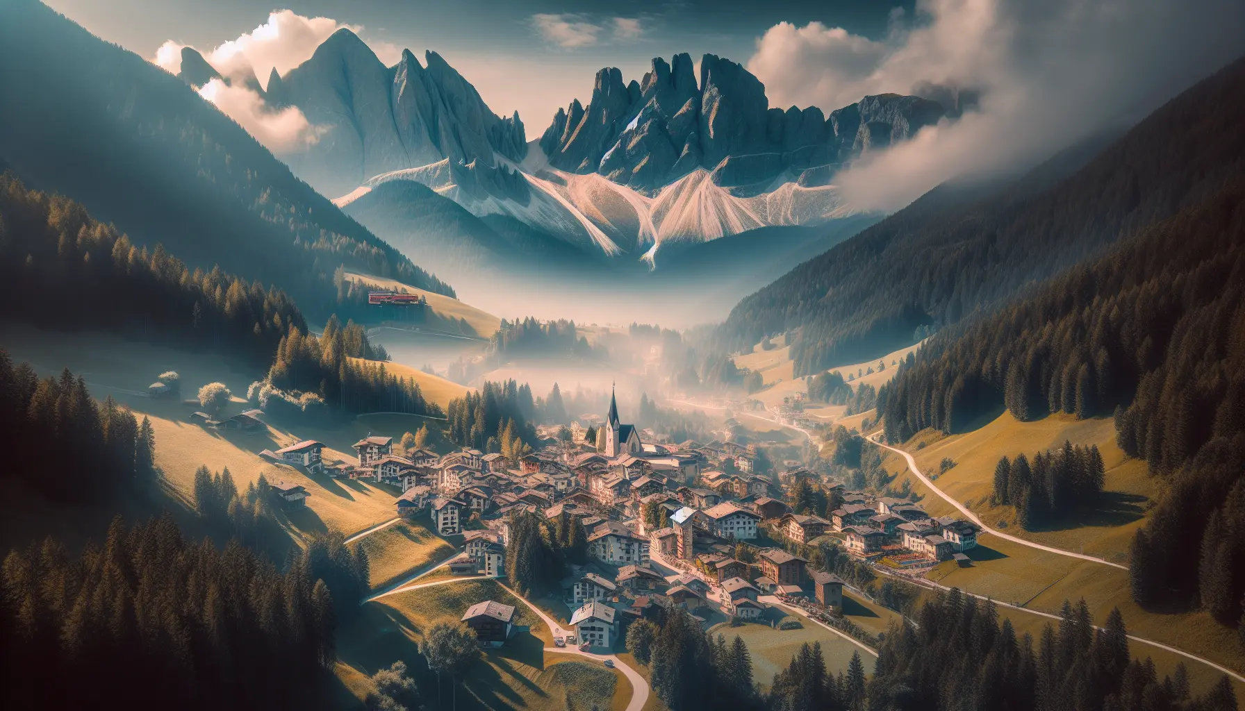 Panorama di Sappada con le Dolomiti sullo sfondo e case in legno decorate con fiori