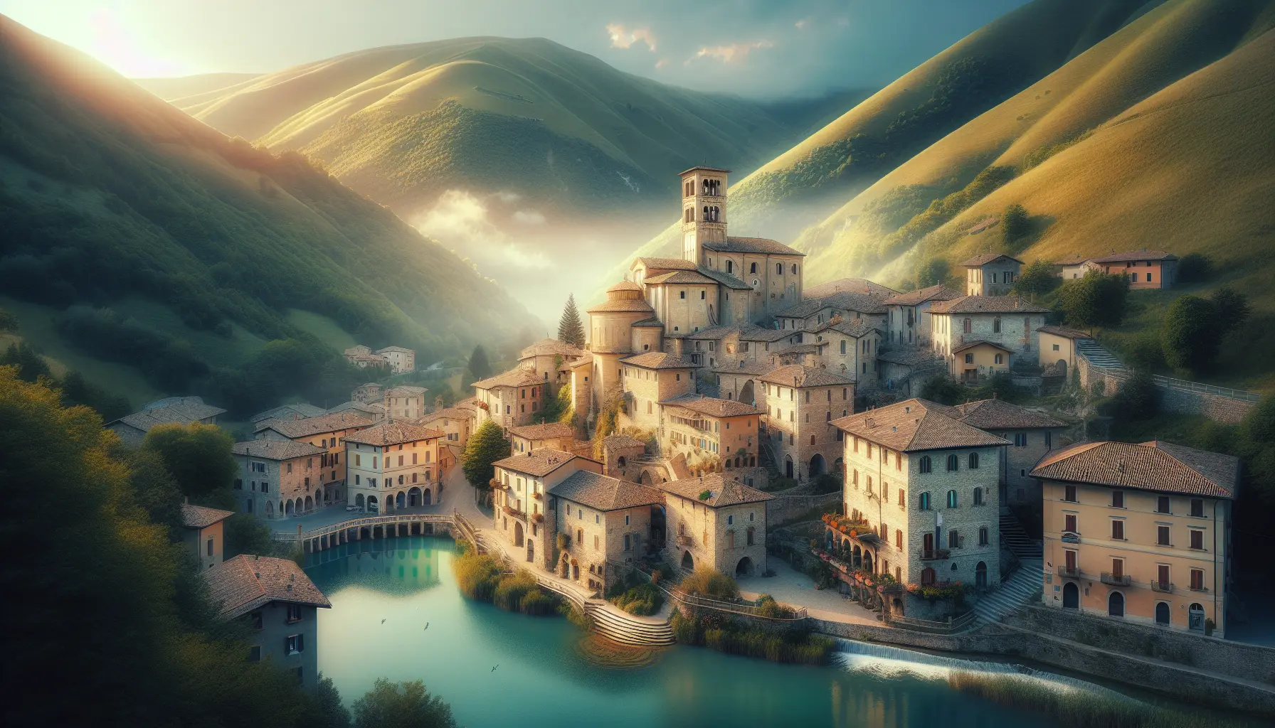 Panorama di Sarnano con le sue storiche costruzioni e il paesaggio montano sullo sfondo