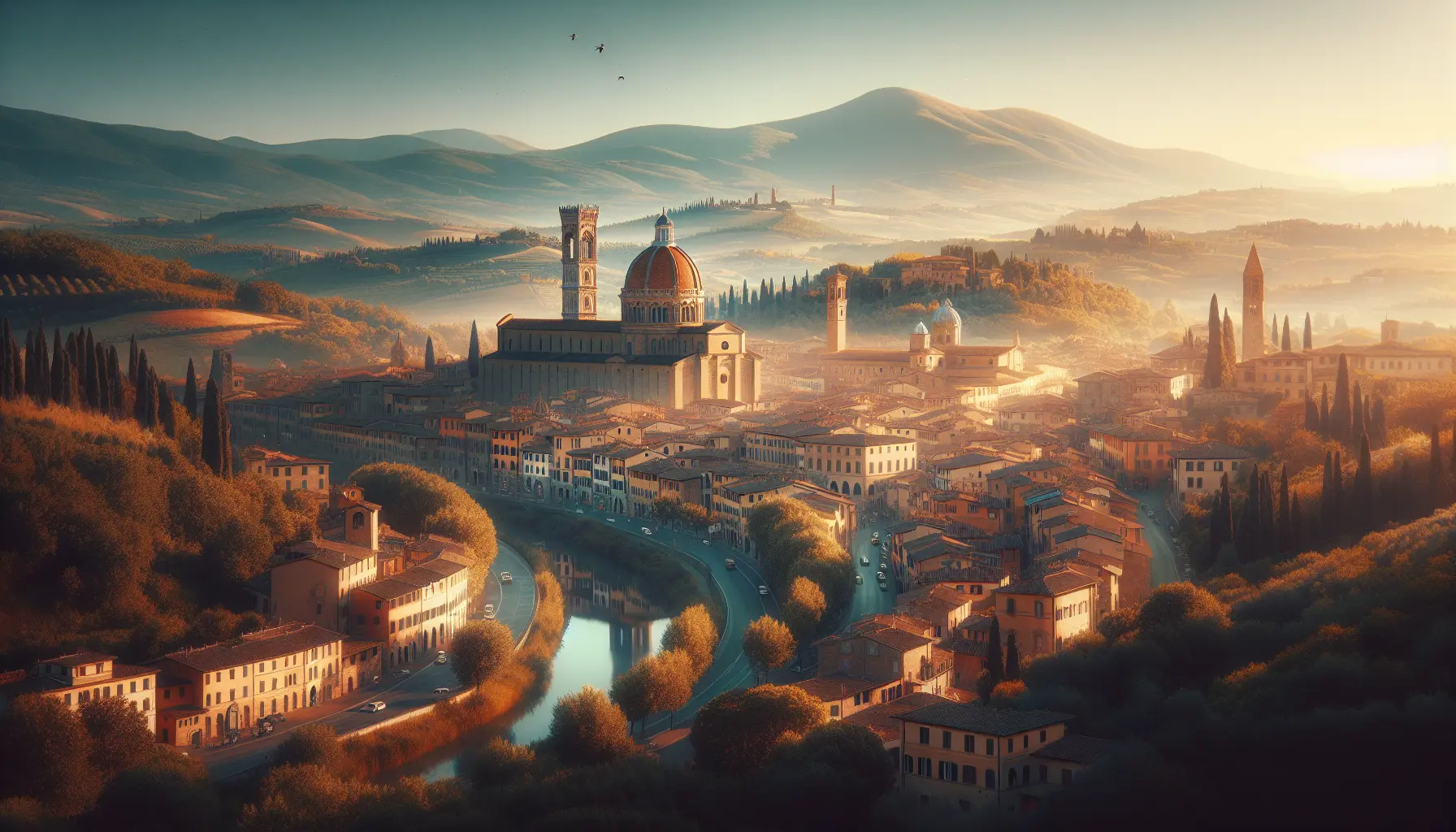 Panorama di Scandicci con colline toscane sullo sfondo e un cielo sereno.