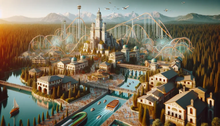 Vista panoramica di Gardaland con attrazioni e visitatori che si divertono