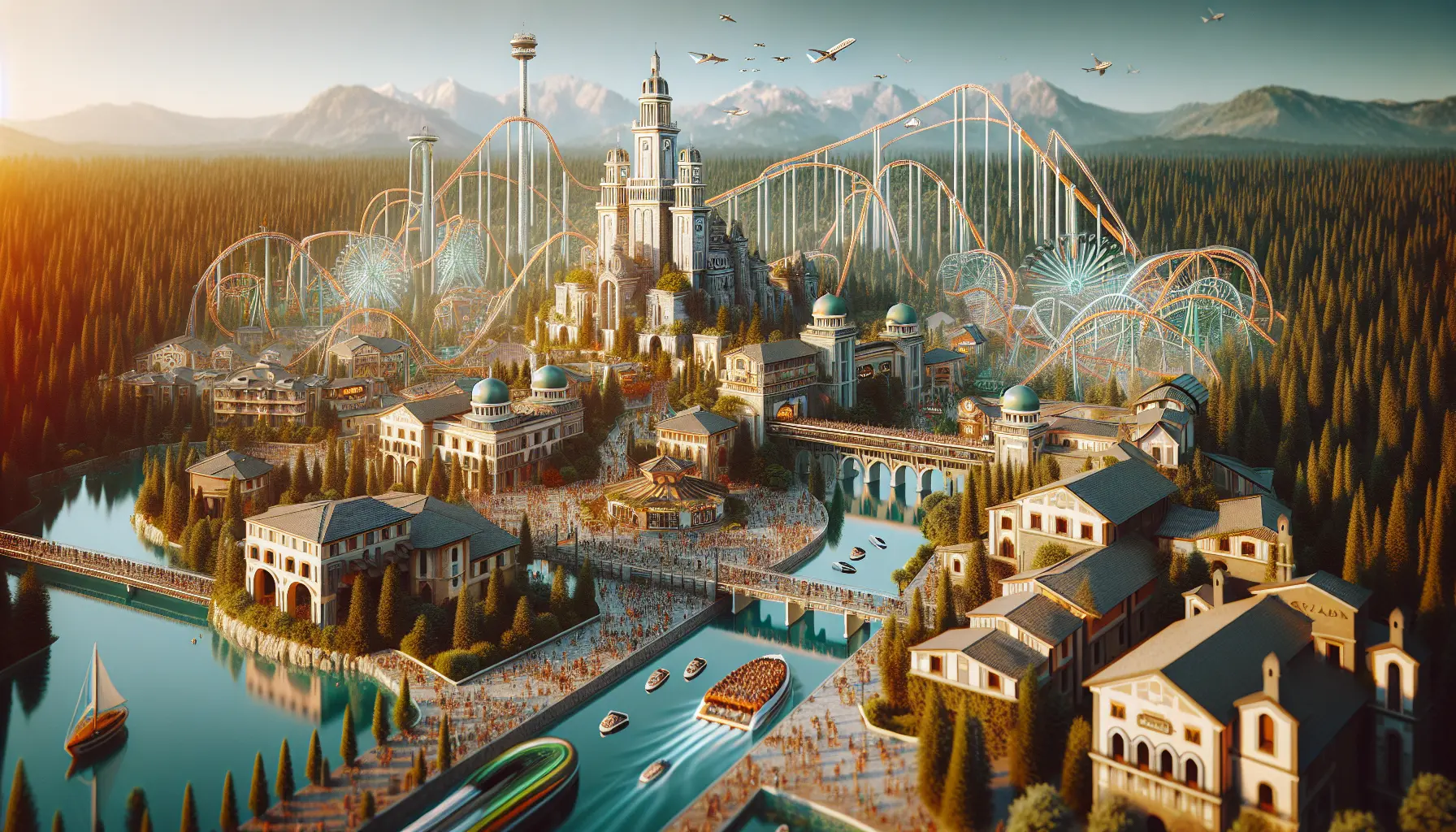 Vista panoramica di Gardaland con attrazioni e visitatori che si divertono