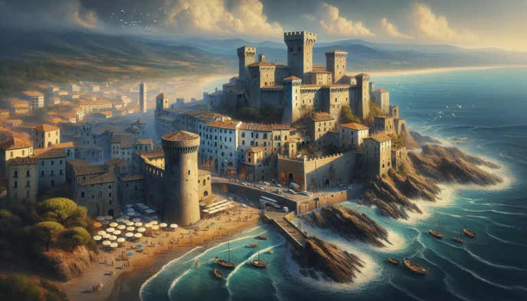 Vista panoramica del Castello di Santa Severa affacciato sul mare cristallino e sulla spiaggia dorata.