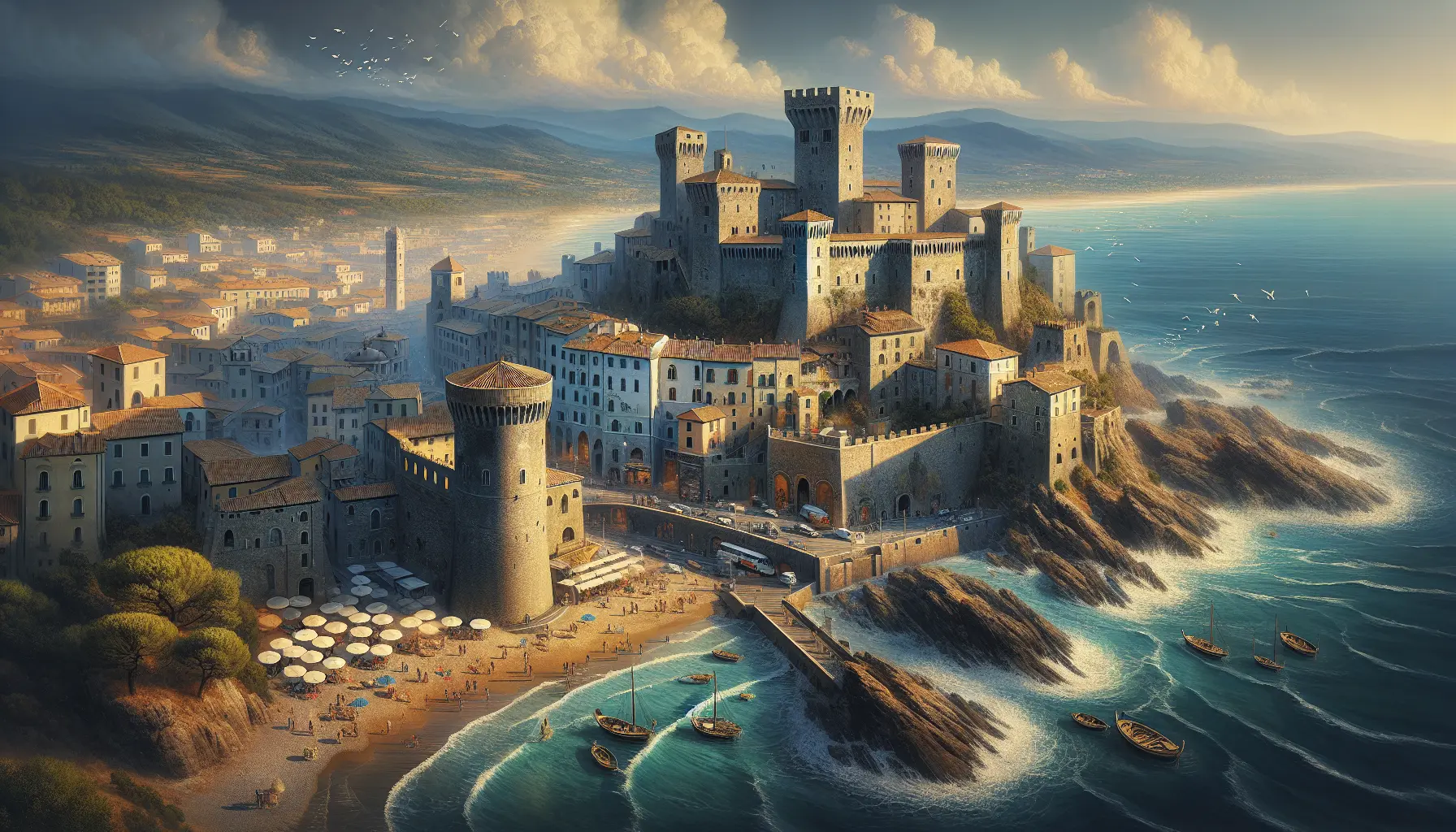 Vista panoramica del Castello di Santa Severa affacciato sul mare cristallino e sulla spiaggia dorata.