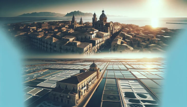 Vista panoramica di Trapani con il mare blu e le saline sullo sfondo
