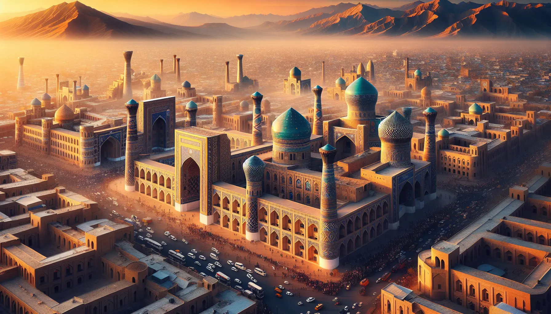 Vista panoramica della piazza Registan a Samarcanda, con le sue moschee decorate e i colori vivaci.